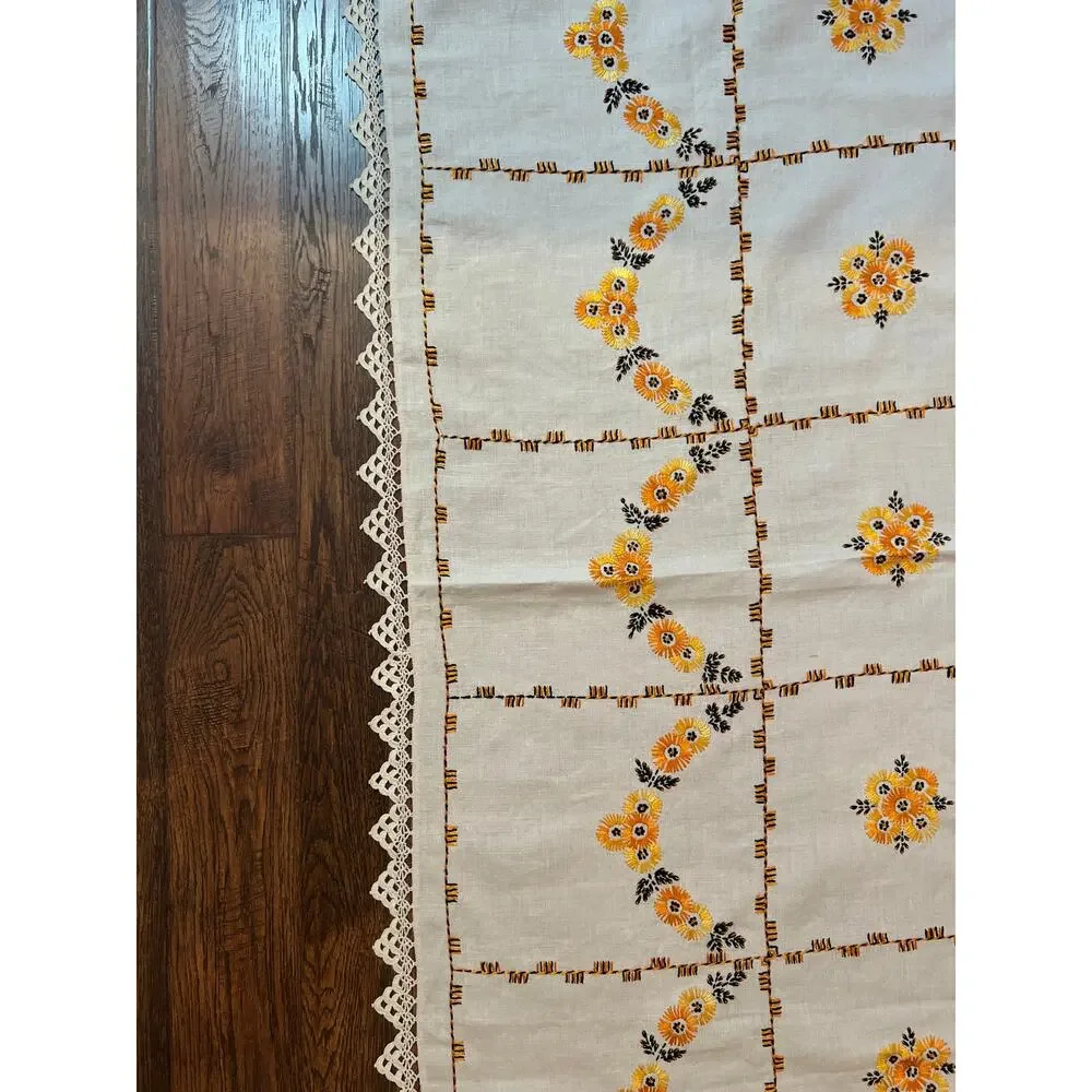 Vintage Embroidered Tablecloth Autumnal Orange Yellow Floral Crochet Lace Border